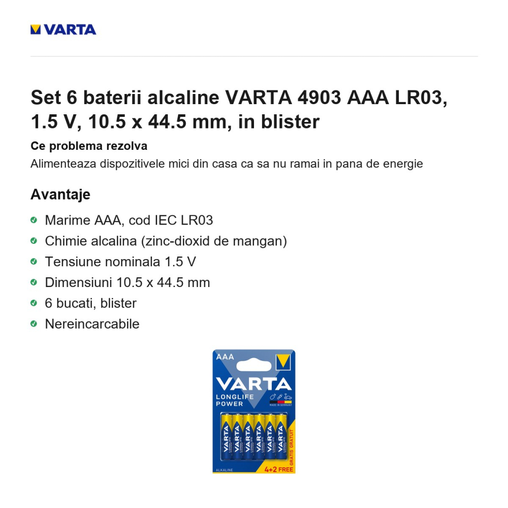 Set 6 baterii alcaline VARTA 4903 AAA LR03, 1.5 V, 10.5 x 44.5 mm, in blister [2]