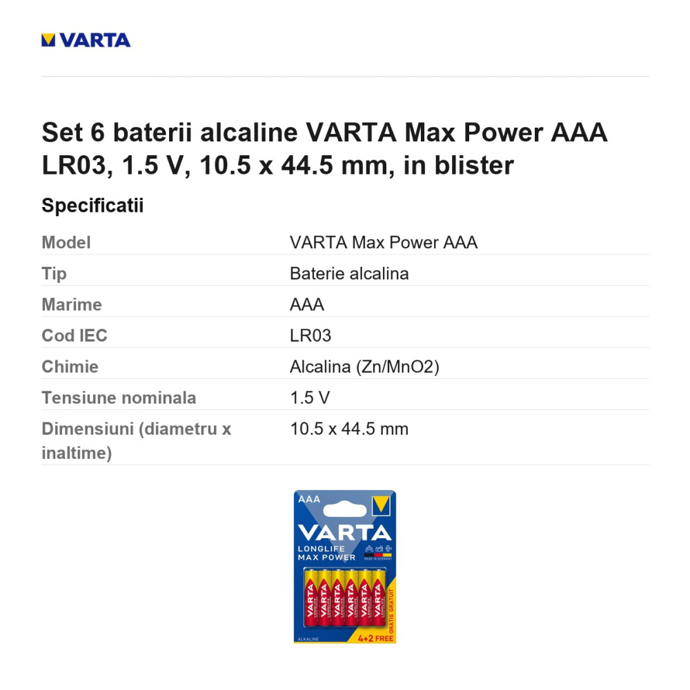 Set 6 baterii alcaline VARTA Max Power AAA LR03, 1.5 V, 10.5 x 44.5 mm, in blister [3]