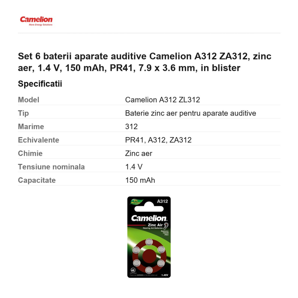 Set 6 baterii aparate auditive Camelion A312 ZA312, zinc aer, 1.4 V, 150 mAh, PR41, 7.9 x 3.6 mm, in blister [3]