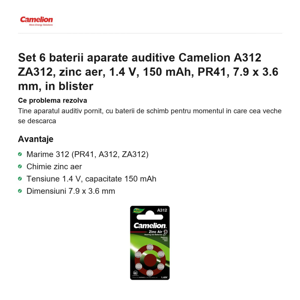 Set 6 baterii aparate auditive Camelion A312 ZA312, zinc aer, 1.4 V, 150 mAh, PR41, 7.9 x 3.6 mm, in blister [2]