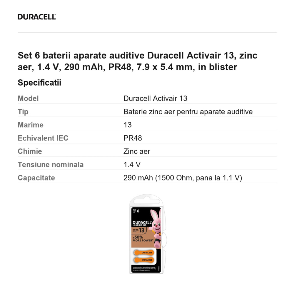 Set 6 baterii aparate auditive Duracell Activair 13, zinc aer, 1.4 V, 290 mAh, PR48, 7.9 x 5.4 mm, in blister [3]