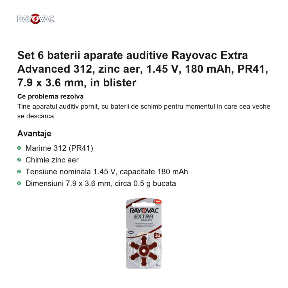 Set 6 baterii aparate auditive Rayovac Extra Advanced 312, zinc aer, 1.45 V, 180 mAh, PR41, 7.9 x 3.6 mm, in blister [2]