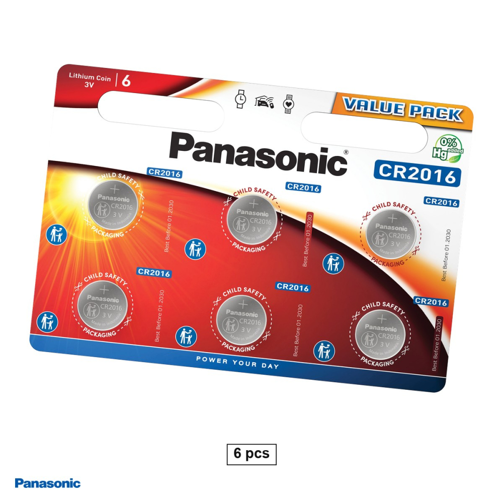 Set 6 baterii litiu Panasonic CR2016, litiu - dioxid de mangan, 3 V, 90 mAh, 20 x 1.6 mm, in blister [1]
