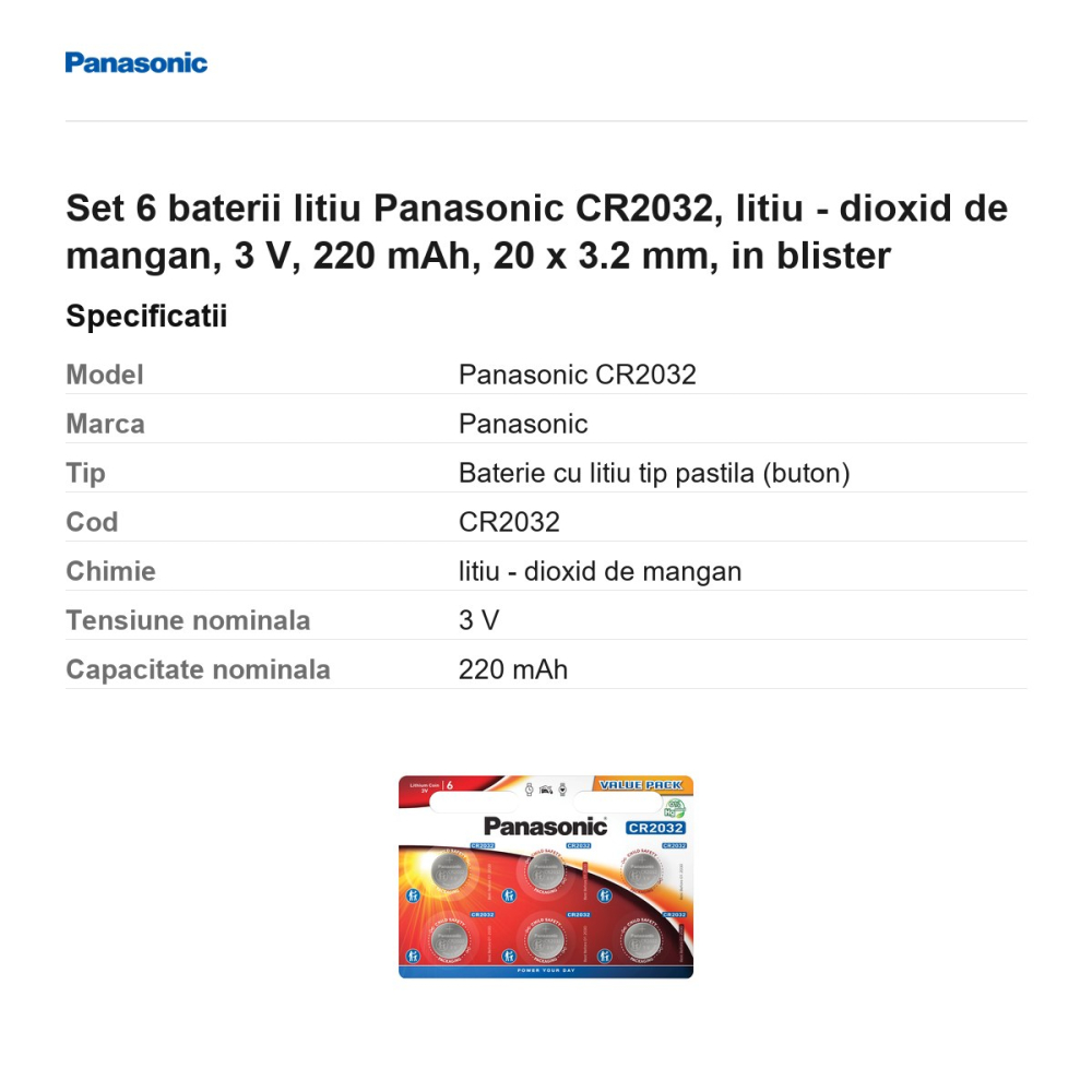 Set 6 baterii litiu Panasonic CR2032, litiu - dioxid de mangan, 3 V, 220 mAh, 20 x 3.2 mm, in blister [3]