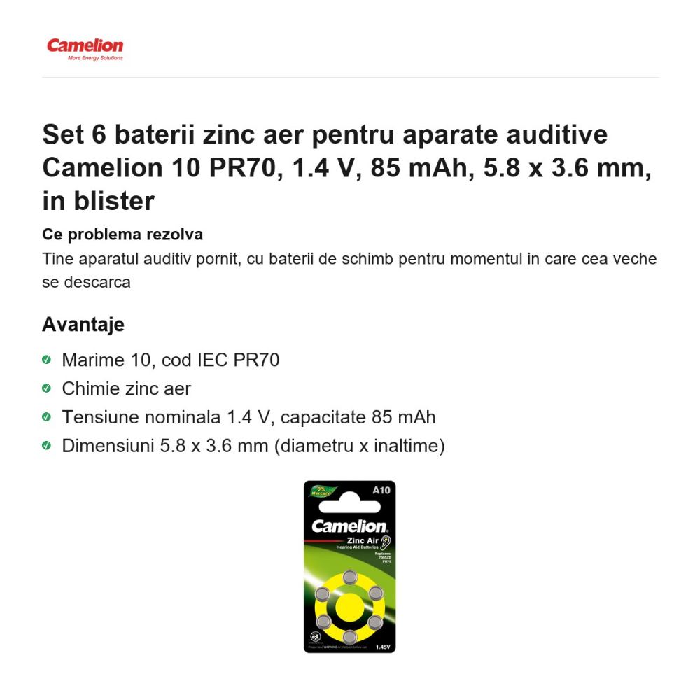 Set 6 baterii zinc aer pentru aparate auditive Camelion 10 PR70, 1.4 V, 85 mAh, 5.8 x 3.6 mm, in blister [2]