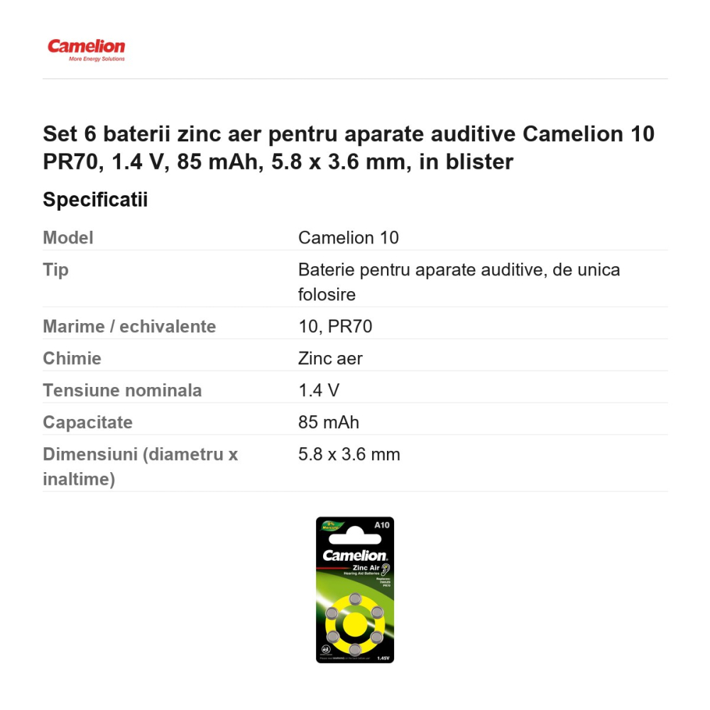 Set 6 baterii zinc aer pentru aparate auditive Camelion 10 PR70, 1.4 V, 85 mAh, 5.8 x 3.6 mm, in blister [3]