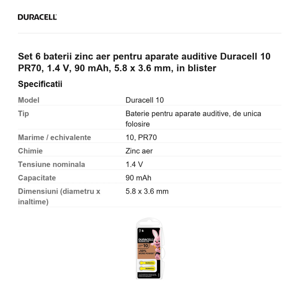 Set 6 baterii zinc aer pentru aparate auditive Duracell 10 PR70, 1.4 V, 90 mAh, 5.8 x 3.6 mm, in blister [3]