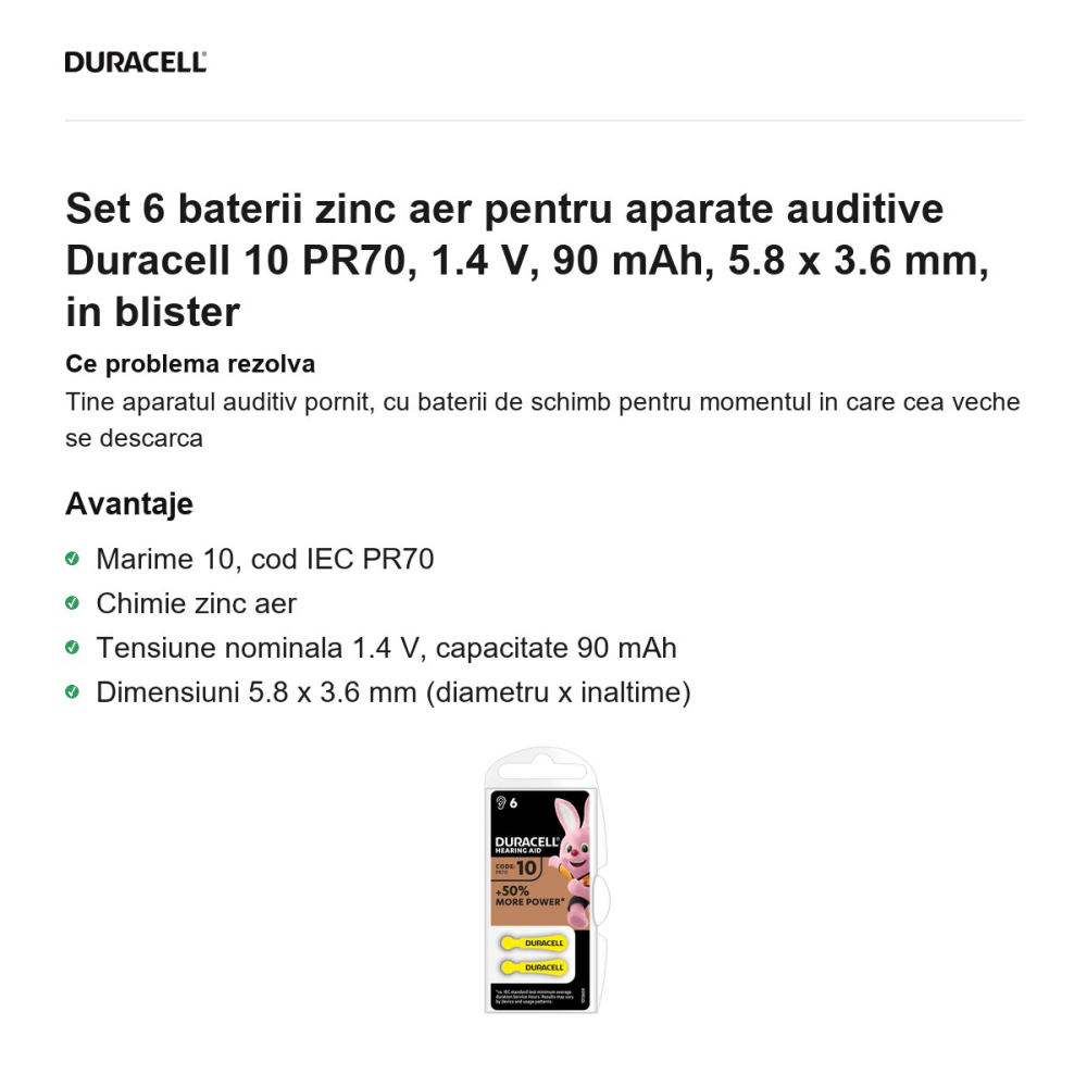 Set 6 baterii zinc aer pentru aparate auditive Duracell 10 PR70, 1.4 V, 90 mAh, 5.8 x 3.6 mm, in blister [2]
