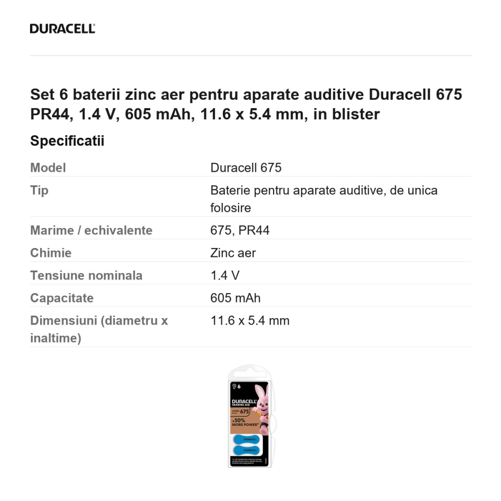 Set 6 baterii zinc aer pentru aparate auditive Duracell 675 PR44, 1.4 V, 605 mAh, 11.6 x 5.4 mm, in blister [3]