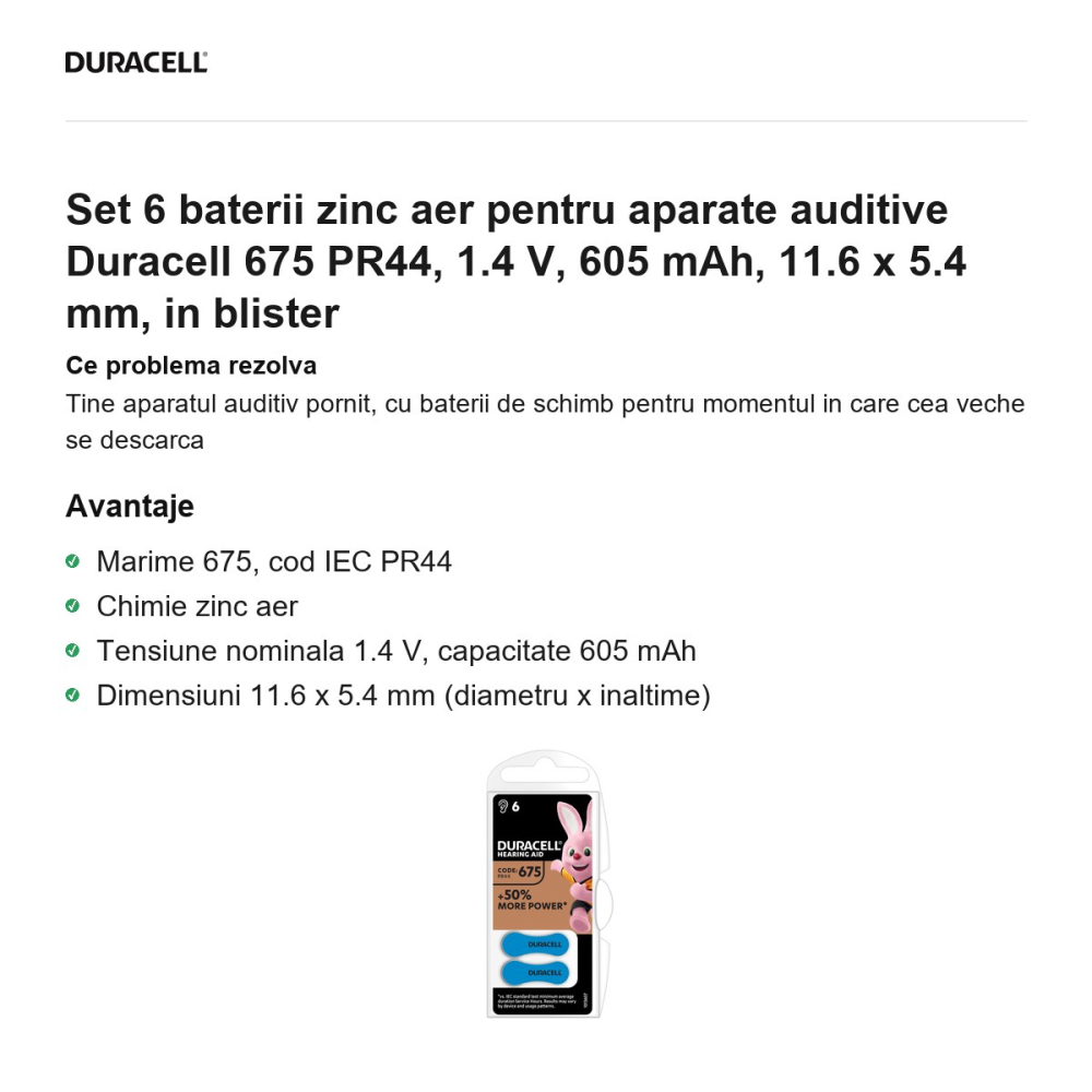 Set 6 baterii zinc aer pentru aparate auditive Duracell 675 PR44, 1.4 V, 605 mAh, 11.6 x 5.4 mm, in blister [2]