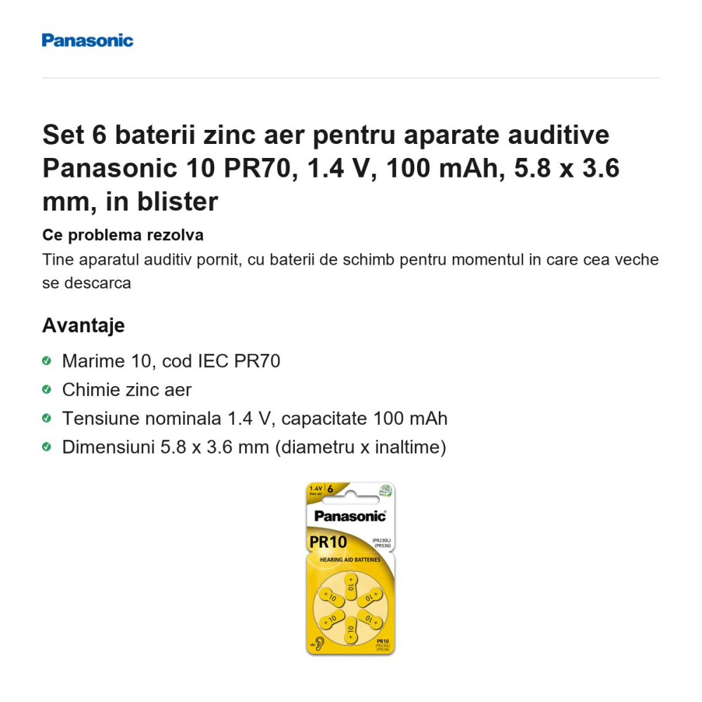 Set 6 baterii zinc aer pentru aparate auditive Panasonic 10 PR70, 1.4 V, 100 mAh, 5.8 x 3.6 mm, in blister [2]