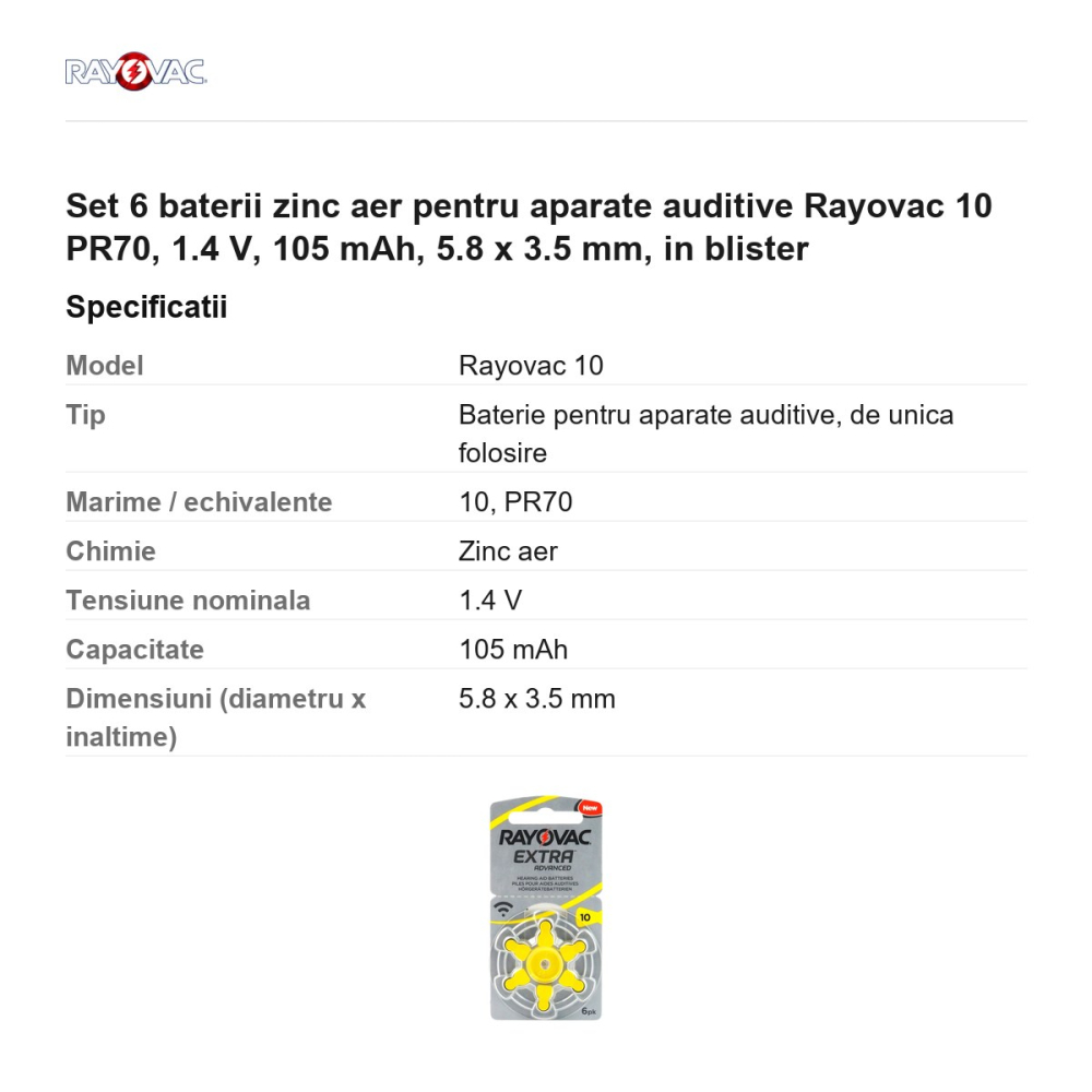 Set 6 baterii zinc aer pentru aparate auditive Rayovac 10 PR70, 1.4 V, 105 mAh, 5.8 x 3.5 mm, in blister [3]