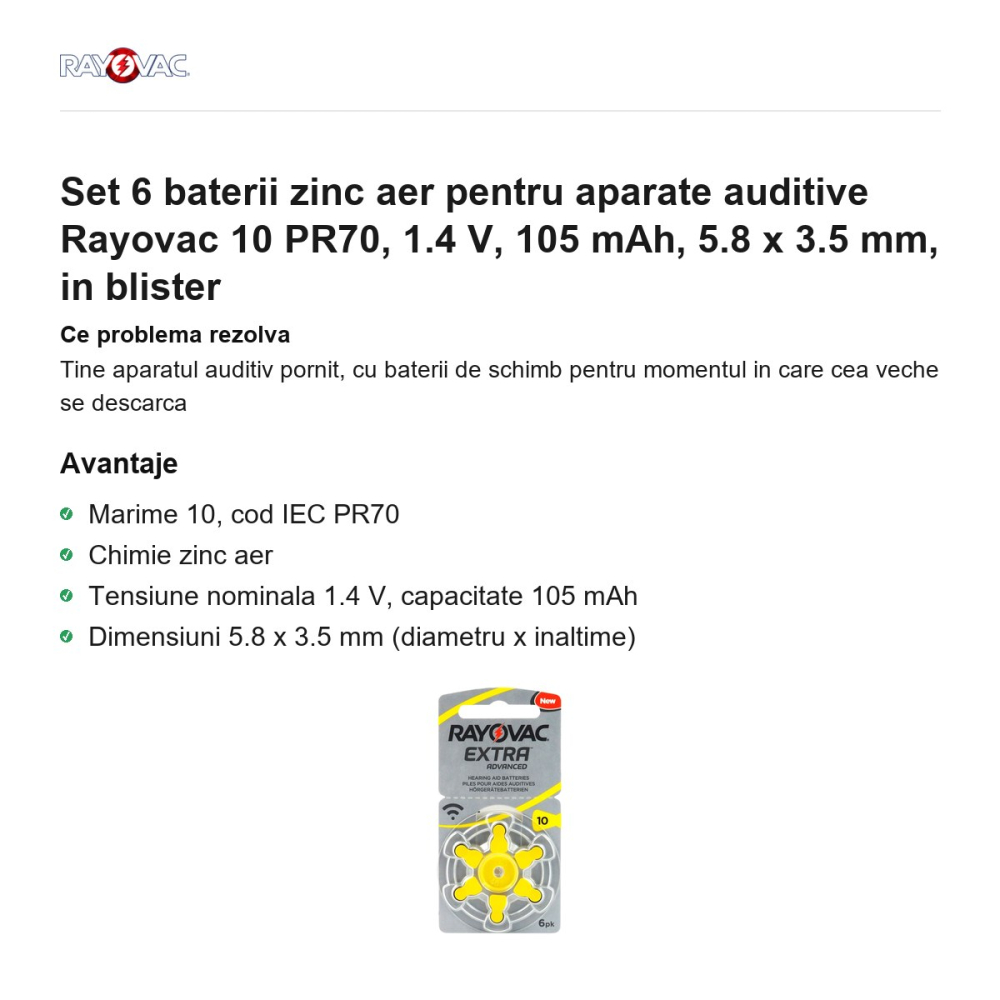 Set 6 baterii zinc aer pentru aparate auditive Rayovac 10 PR70, 1.4 V, 105 mAh, 5.8 x 3.5 mm, in blister [2]