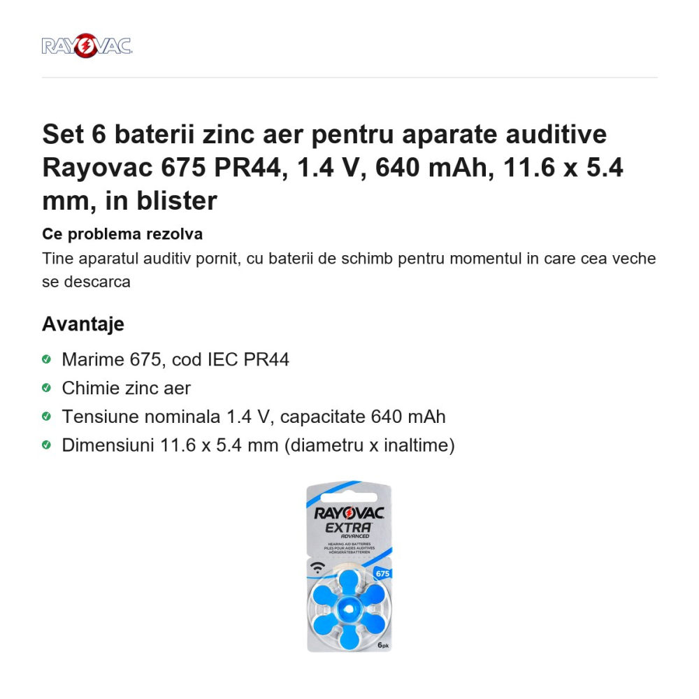Set 6 baterii zinc aer pentru aparate auditive Rayovac 675 PR44, 1.4 V, 640 mAh, 11.6 x 5.4 mm, in blister [2]