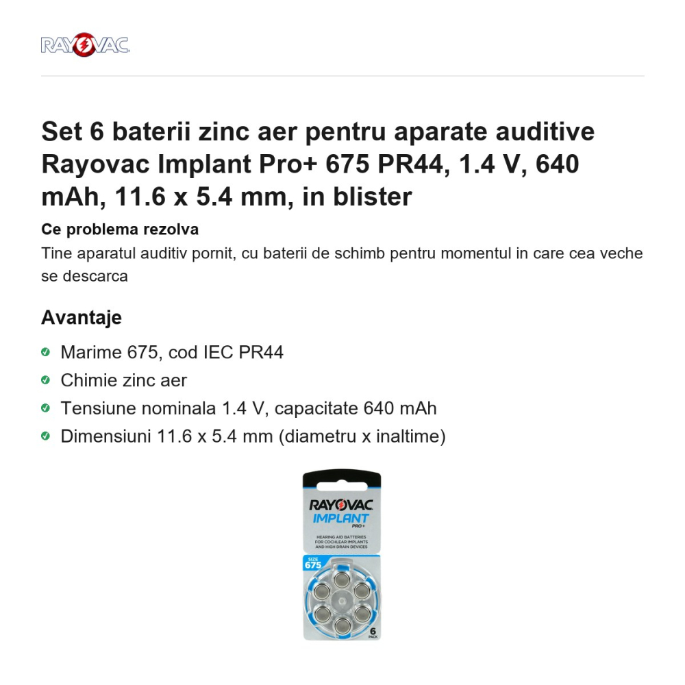 Set 6 baterii zinc aer pentru aparate auditive Rayovac Implant Pro+ 675 PR44, 1.4 V, 640 mAh, 11.6 x 5.4 mm, in blister [2]