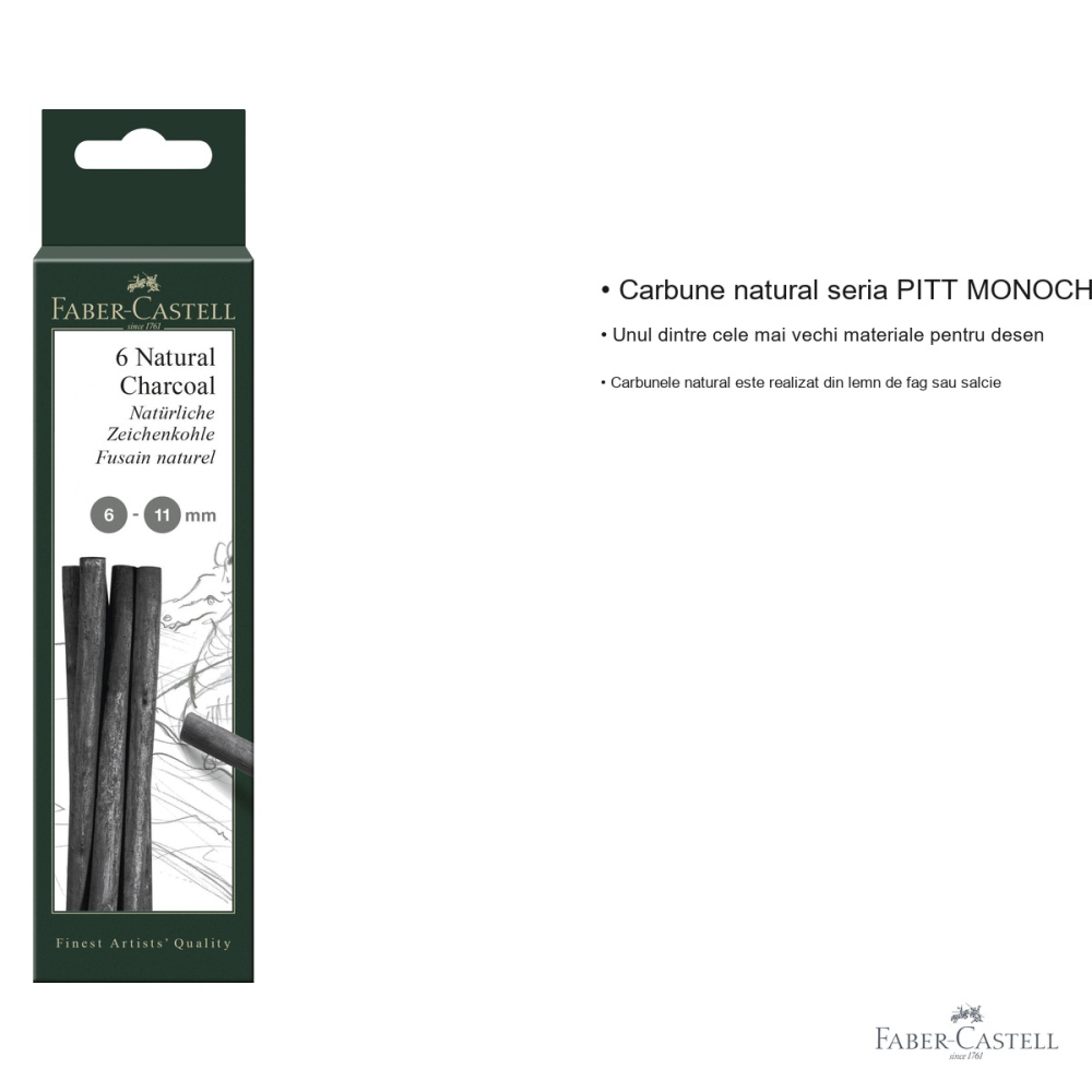 Set 6 batoane carbune natural Faber-Castell Pitt Monochrome, diametru 6-11mm, pentru desen artistic [3]