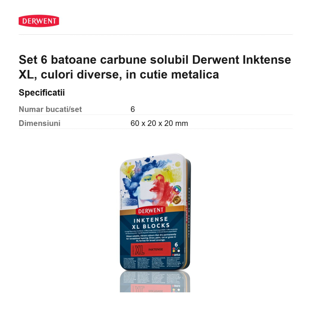 Set 6 batoane carbune solubil Derwent Inktense XL, culori diverse, in cutie metalica [3]