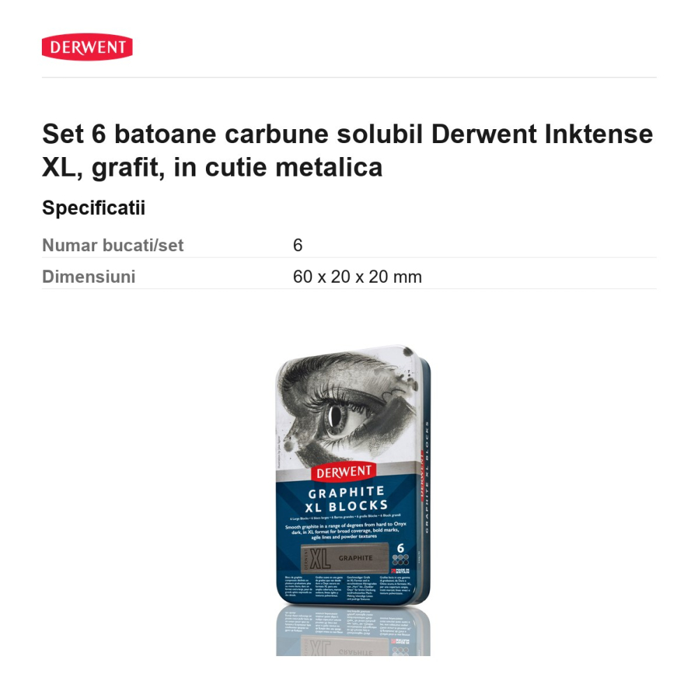 Set 6 batoane carbune solubil Derwent Inktense XL, grafit, in cutie metalica [3]