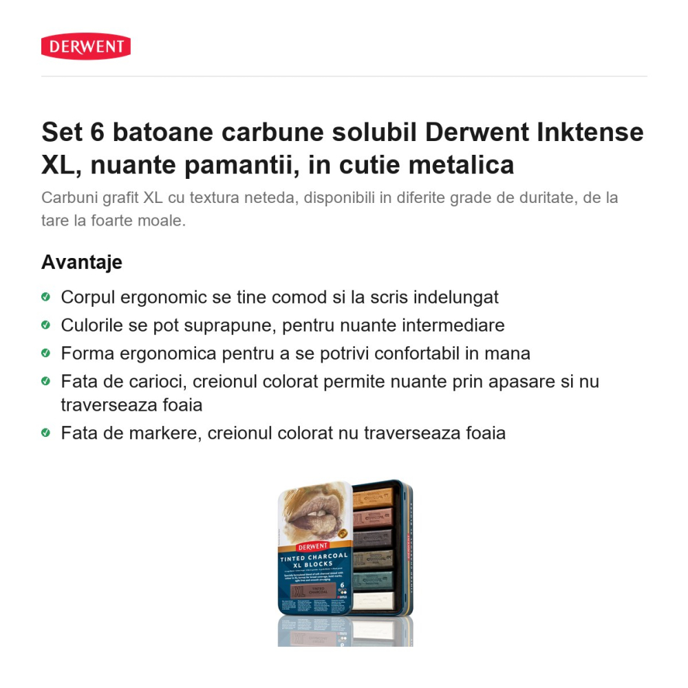 Set 6 batoane carbune solubil Derwent Inktense XL, nuante pamantii, in cutie metalica [2]