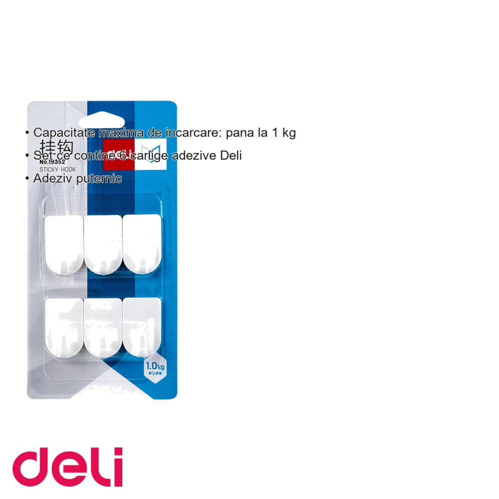 Set 6 carlige adezive Deli, capacitate 1 kg, albe, pentru organizare usoara la birou sau acasa [3]