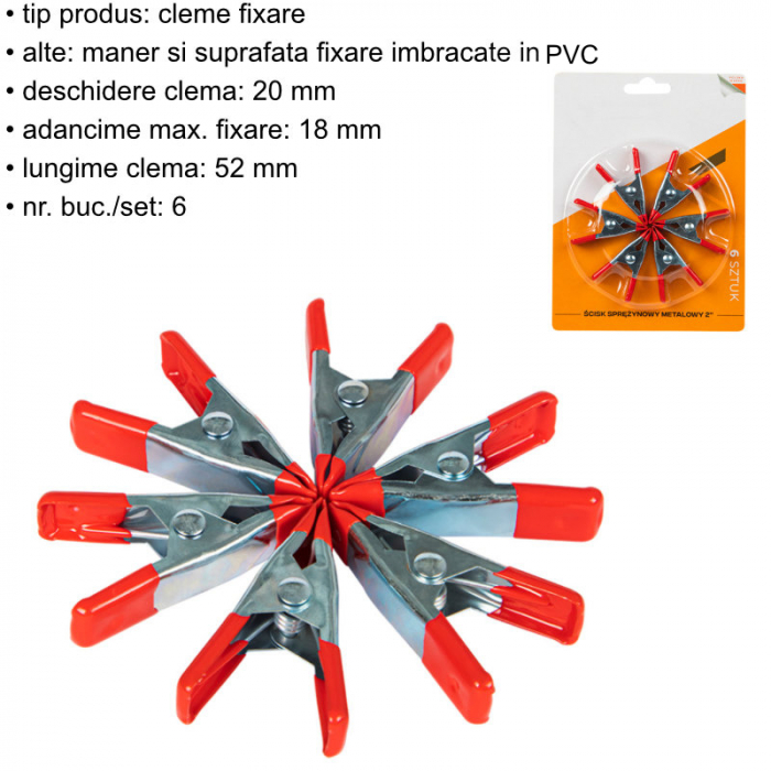 Set 6 cleme cu arc metalice pentru fixare, 41305, 52mm, cu protectie de cauciuc pe maner si suprafata de prindere, argintiu cu rosu [6]