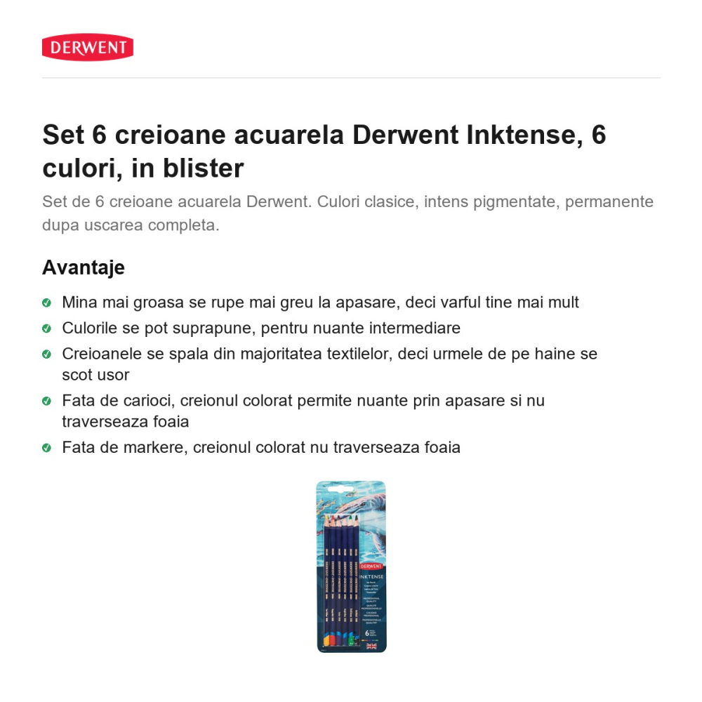 Set 6 creioane acuarela Derwent Inktense, 6 culori, in blister [2]