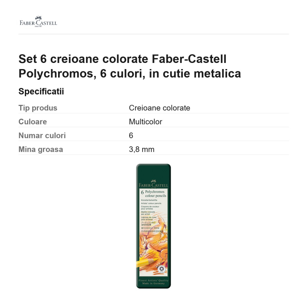 Set 6 creioane colorate Faber-Castell Polychromos, 6 culori, in cutie metalica [3]