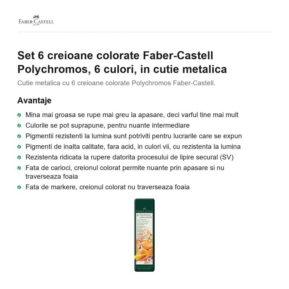 Set 6 creioane colorate Faber-Castell Polychromos, 6 culori, in cutie metalica [2]