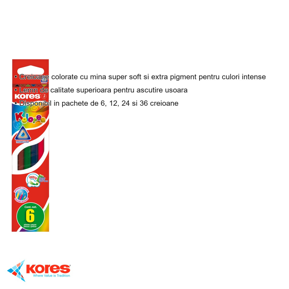 Set 6 creioane colorate triunghiulare Kores, mina super moale, pigment intens, pentru copii [3]