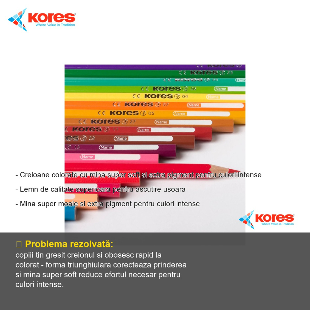 Set 6 creioane colorate triunghiulare Kores, mina super moale, pigment intens, pentru copii [2]