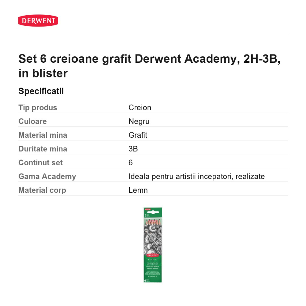 Set 6 creioane grafit Derwent Academy, 2H-3B, in blister [3]