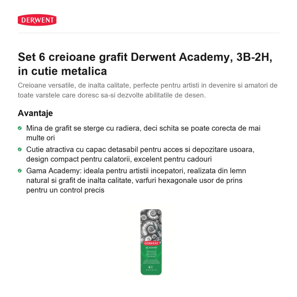 Set 6 creioane grafit Derwent Academy, 3B-2H, in cutie metalica [2]