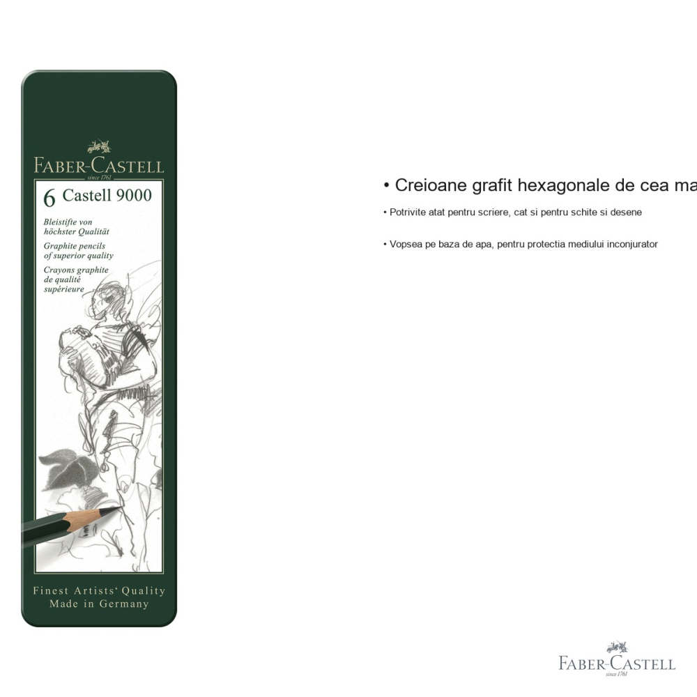 Set 6 creioane grafit Faber-Castell Castell 9000, duritate HB-8B, in cutie metalica, pentru desen si schite [3]