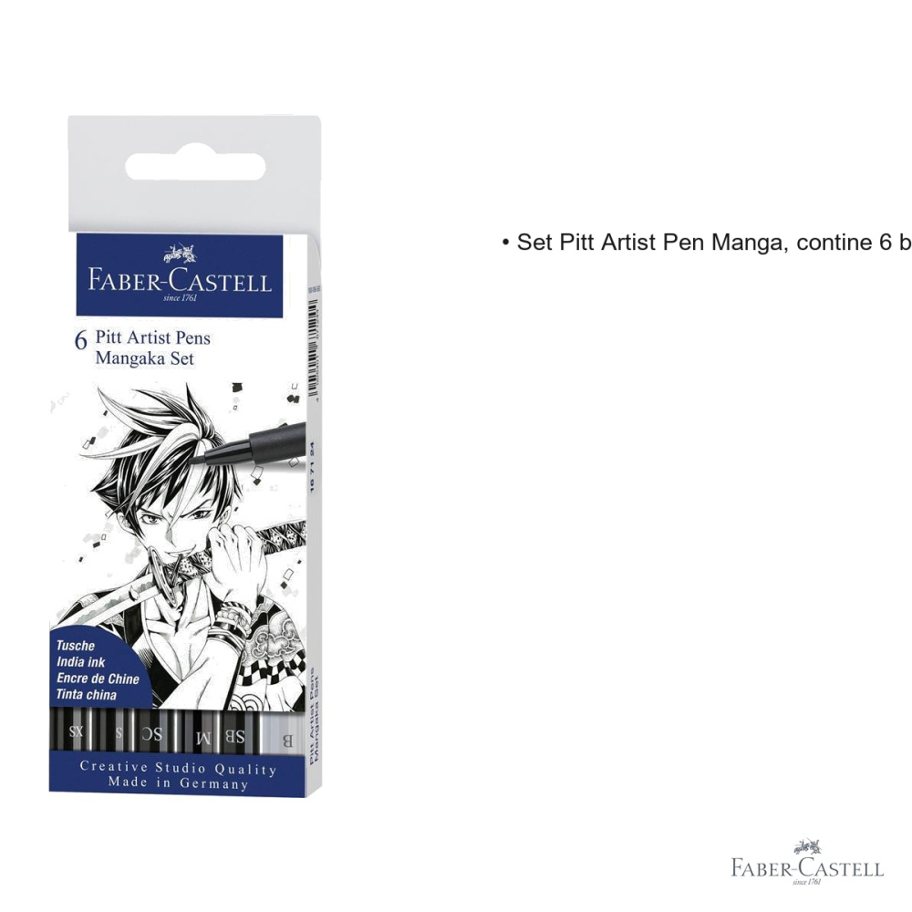 Set 6 linere Faber-Castell Pitt Artist Pen Manga, tus India negru, pentru desen si ilustratie manga [3]