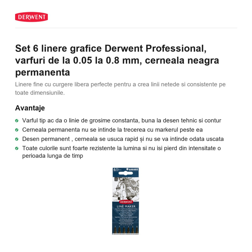 Set 6 linere grafice Derwent Professional, varfuri de la 0.05 la 0.8 mm, cerneala neagra permanenta [2]