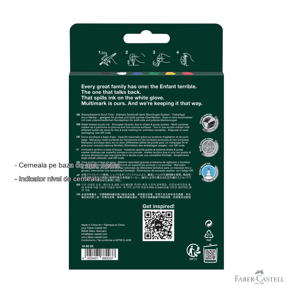 Set 6 markere acrilice Faber-Castell Multimark, varf dublu, culori de baza, pentru multiple suprafete [2]