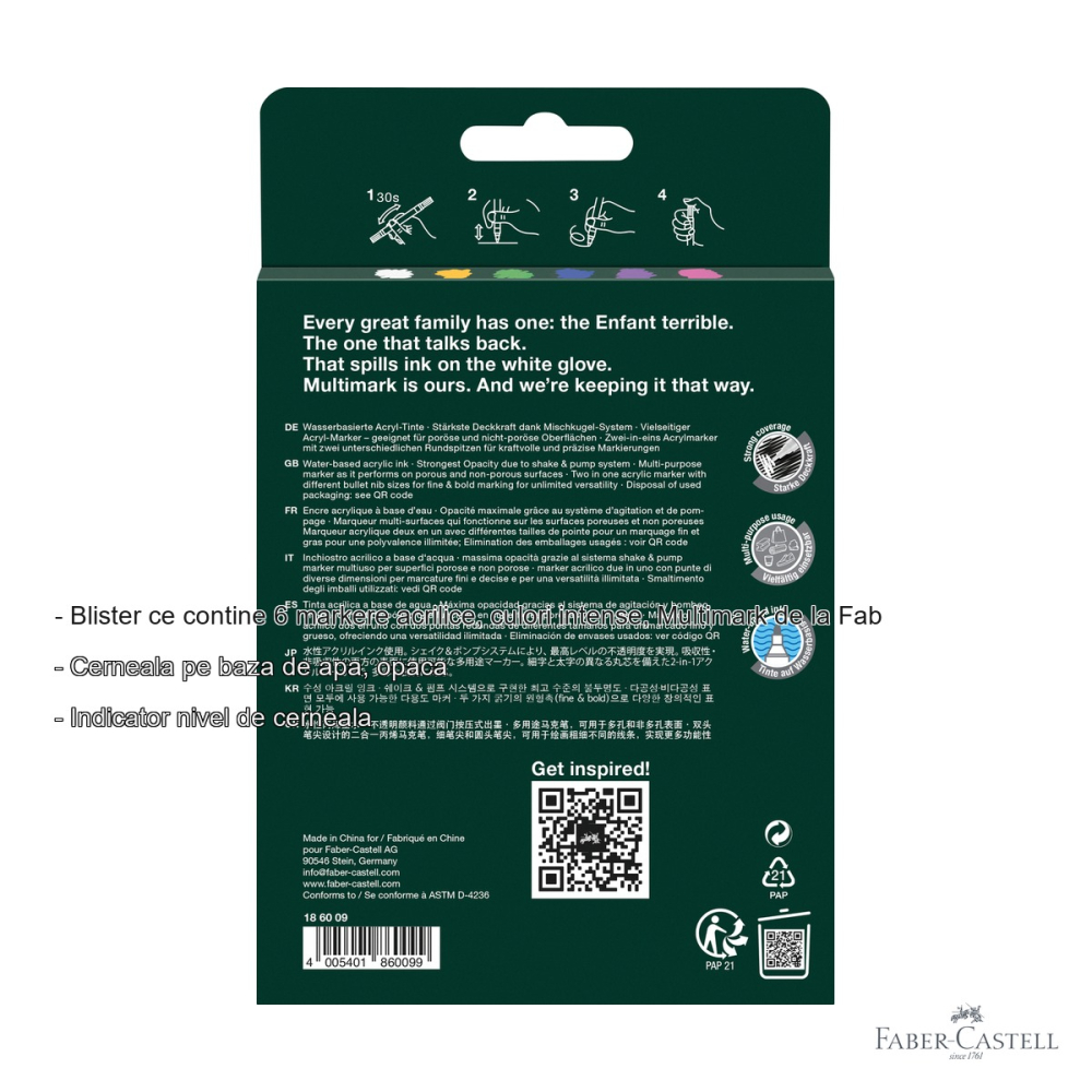 Set 6 markere acrilice Faber-Castell Multimark, varf dublu, culori intense, pentru multiple suprafete [2]
