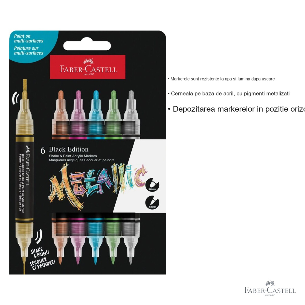 Set 6 markere acrilice Faber-Castell Shake&Paint, culori metalizate, varf dublu, pentru diverse suprafete [3]