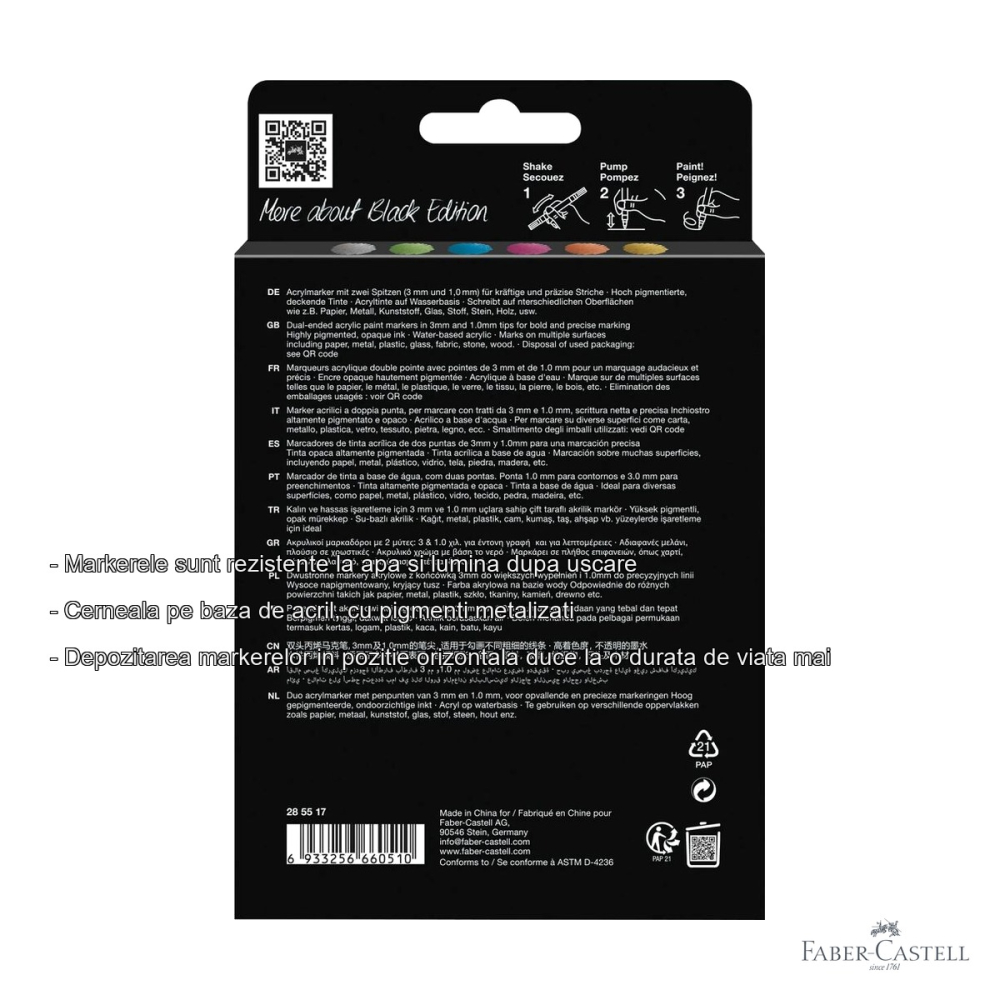 Set 6 markere acrilice Faber-Castell Shake&Paint, culori metalizate, varf dublu, pentru diverse suprafete [2]
