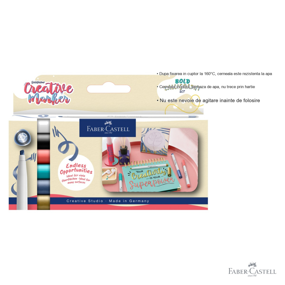 Set 6 markere caligrafice Faber-Castell Goldfaber, varf tip dalta, pentru suprafete multiple [3]