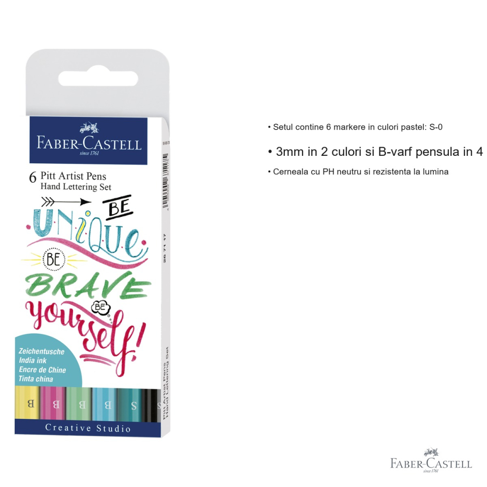 Set 6 markere caligrafice Faber-Castell Pitt Artist Pen, culori pastel, varf pensula si liner, pentru desen artistic [3]