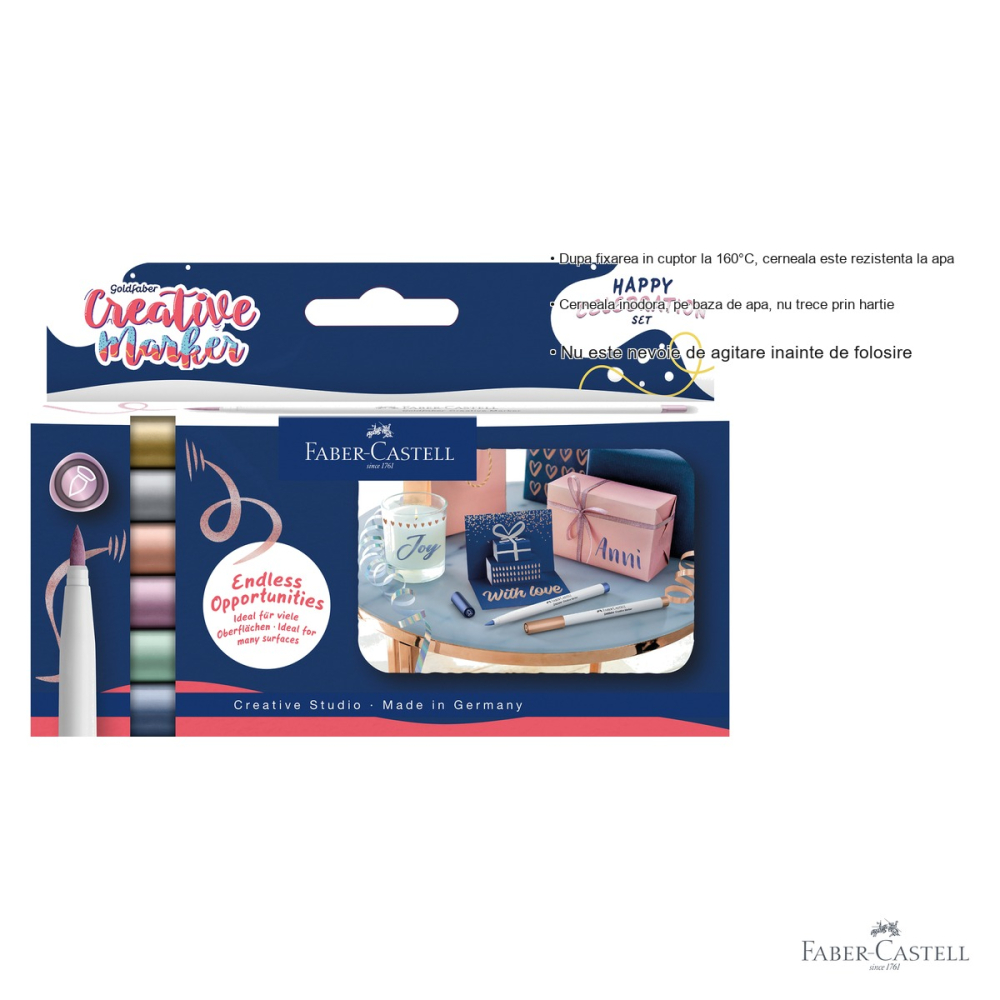 Set 6 markere creative Faber-Castell Goldfaber, culori metalizate, varf pensula, Happy Celebration [3]