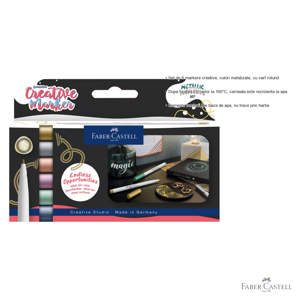 Set 6 markere creative Faber-Castell Goldfaber, culori metalizate, varf rotund 1.5mm, pentru suprafete multiple [3]