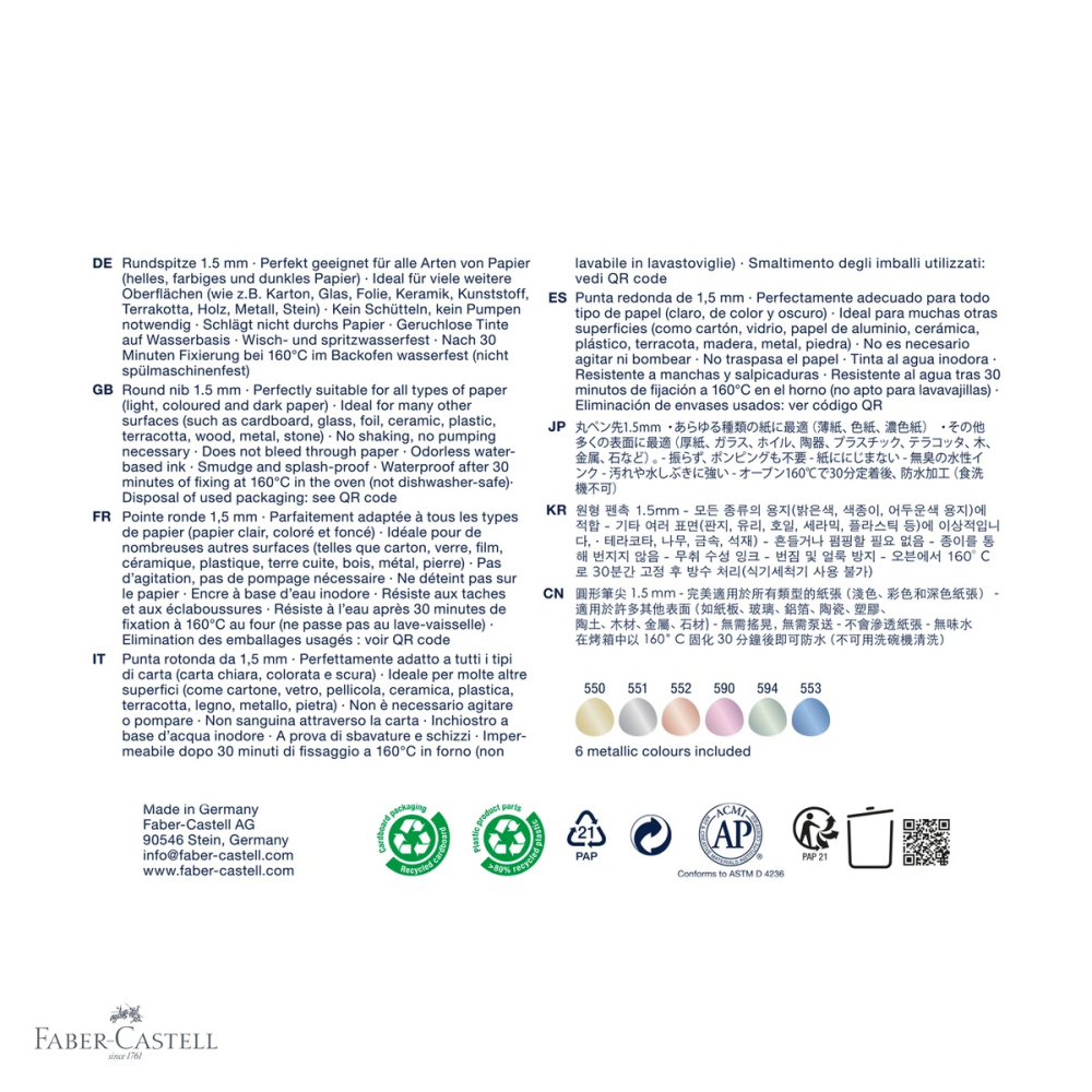 Set 6 markere creative Faber-Castell Goldfaber, culori metalizate, varf rotund 1.5mm, pentru suprafete multiple [4]