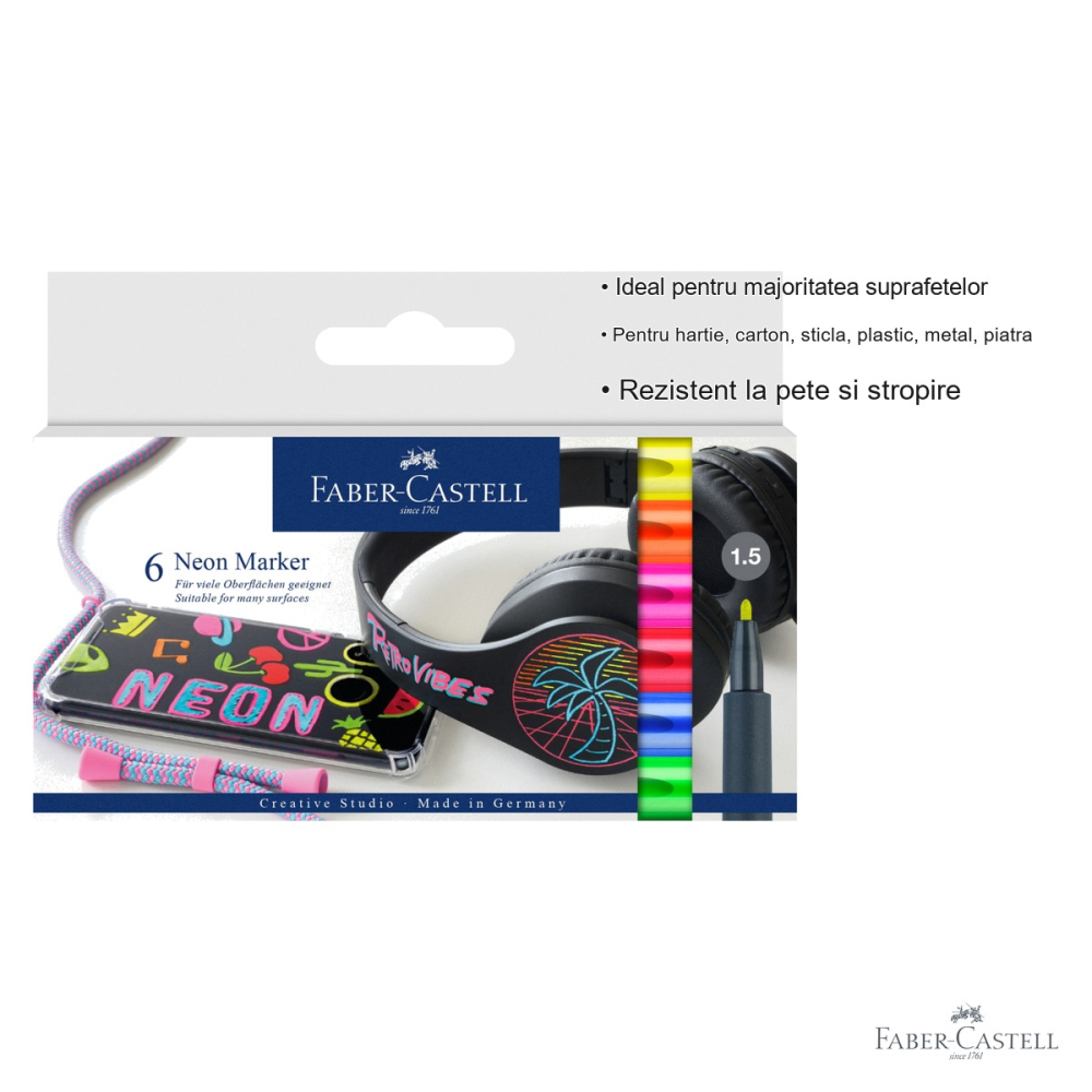 Set 6 markere creative neon Faber-Castell, varf 1.5 mm, pentru hartie, sticla, plastic si metal [3]