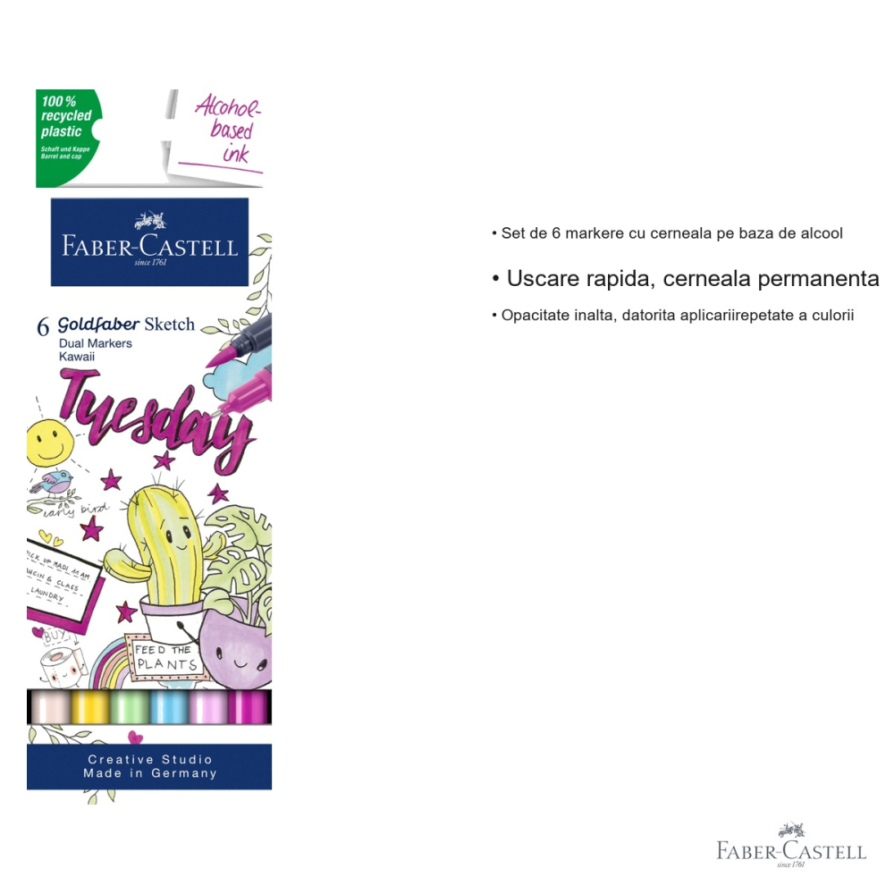 Set 6 markere cu 2 capete Faber-Castell Goldfaber Kawaii, cerneala alcool, pensula si fineliner, pentru desen artistic [3]