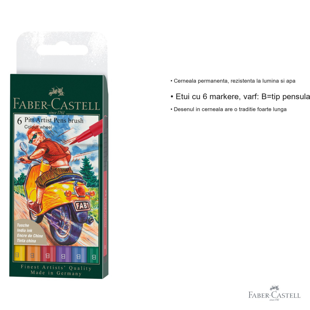 Set 6 markere cu pensula Faber-Castell Pitt Artist Pen, cerneala permanenta rezistenta la apa, culori de baza pentru desen si ilustratie [3]