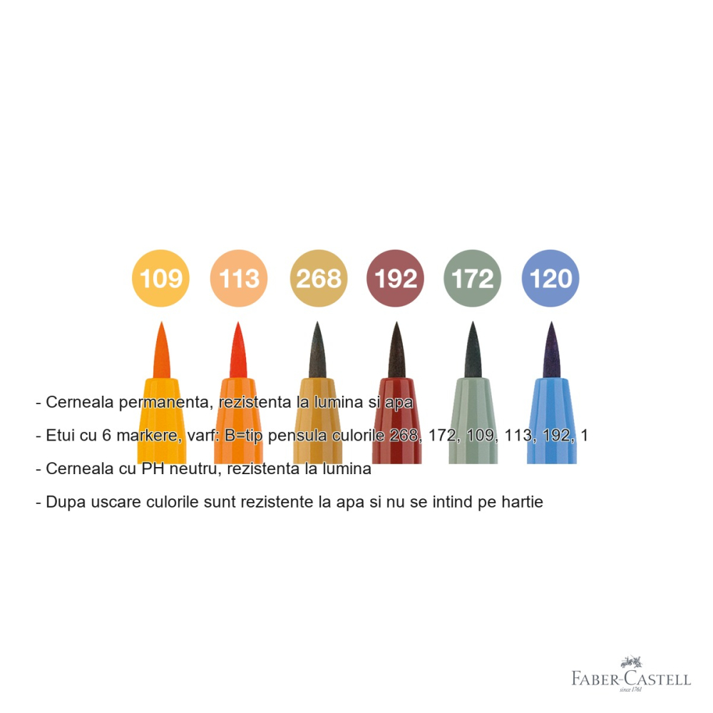 Set 6 markere cu pensula Pitt Artist Pen Faber-Castell, culori toamna 2022, cerneala permanenta rezistenta la apa [2]