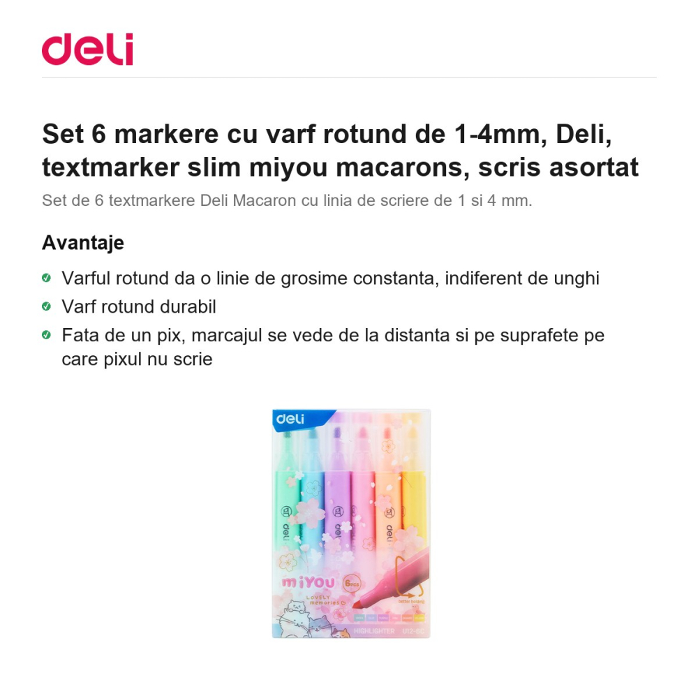 Set 6 markere cu varf rotund de 1-4mm, Deli, textmarker slim miyou macarons, scris asortat [2]