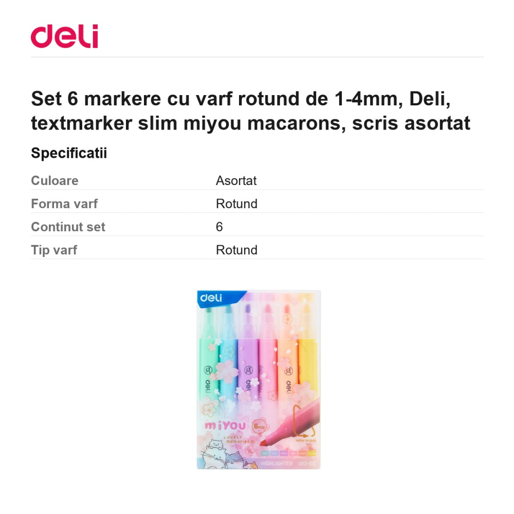 Set 6 markere cu varf rotund de 1-4mm, Deli, textmarker slim miyou macarons, scris asortat [3]